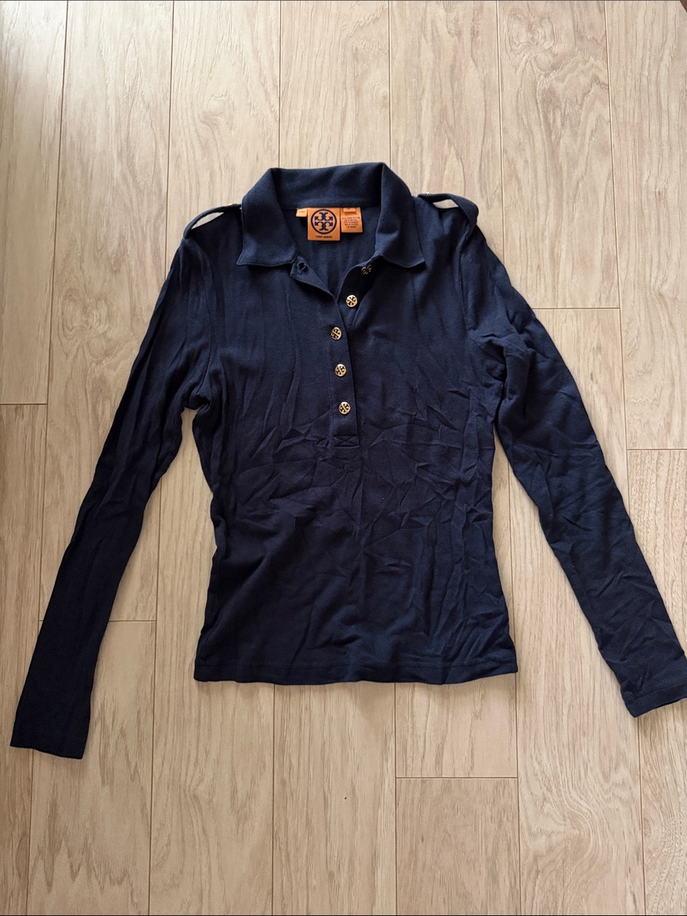 Tory Burch Navy Long-Sleeve Polo with Logo Buttons Size XS